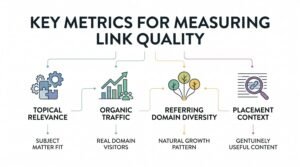 Infographic showing key metrics for measuring link quality: topical relevance, organic traffic, referring domain diversity, and placement context.