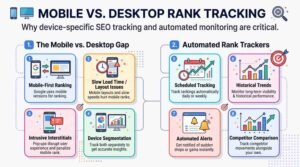 Mobile vs Desktop Ranking Differences_2.jpeg: A clean digital marketing infographic titled "MOBILE VS. DESKTOP RANK TRACKING: Why device-specific SEO tracking and automated monitoring are critical