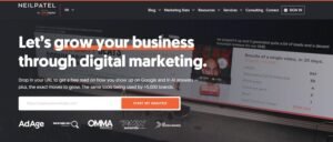 High-energy agency hero section featuring the headline "Let’s grow your business through digital marketing" set against a live keynote presentation background. The layout includes a central URL audit submission bar with an orange "START MY ANALYSIS" button, an organic video case study card displaying concrete conversion figures ($109,352 Total Contract Value), and industry validation logos from AdAge, Search Engine Land Awards, OMMA Awards, PMW Awards, and US Search
