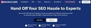 NeedMyLink website hero banner presenting the headline "Hand Off Your SEO Hassle to Experts" alongside review ratings from Fiverr, Clutch, and Trustpilot.