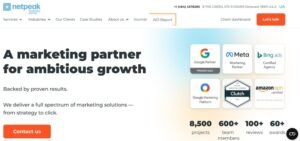 Netpeak marketing agency homepage banner displaying the headline "A marketing partner for ambitious growth" with certification badges and key performance statistics.
