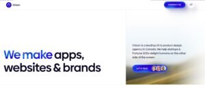 Clean, modern website hero section for Canadian UX and product design agency Orizon featuring the bold headline "We make apps, websites & brands" with gradient blue lettering on a bright white background. The right side features scenic outdoor photography alongside supporting copy: "Orizon is a leading UX & product design agency in Canada. We help startups & Fortune 500s delight humans on the other side of the screen," paired with an illuminated "LET'S TALK" call-to-action button featuring circular team member avatars.