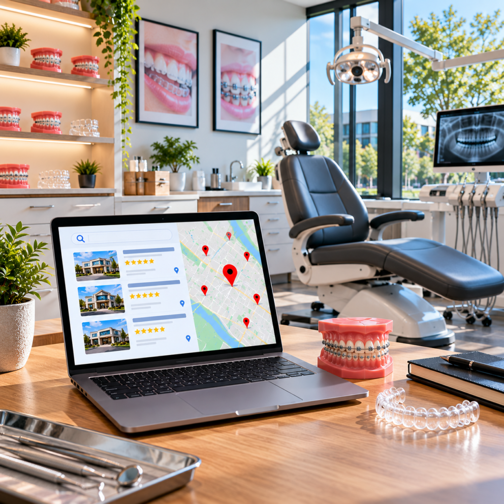 Laptop displaying local search listings, star ratings, and map locations in a modern orthodontic clinic with braces models, clear aligners, and dental examination equipment, illustrating local SEO strategies for orthodontists.