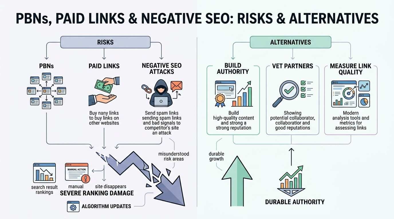 Infographic titled PBNS, PAID LINKS & NEGATIVE SEO: RISKS & ALTERNATIVES divided into two sides: Risks on the left (PBNs, Paid Links, Negative SEO Attacks causing severe ranking damage, manual action penalties, and site disappearance via algorithm updates) and Alternatives on the right (Build Authority, Vet Partners, Measure Link Quality driving durable growth and authority).