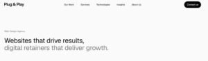 Plug & Play web design agency homepage featuring minimalist typography and digital growth services