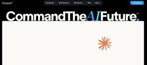 Website hero section for financial services design consultancy Praxent displaying the bold headline "CommandTheAIFuture" across a dark upper panel transitioning into a clean, minimalist off-white lower section accented by an orange starburst graphic. Top navigation options highlight AI Expertise, BFSI Solutions, Who We Are, Work, and Latest.