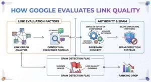 Infographic titled HOW GOOGLE EVALUATES LINK QUALITY detailing two parallel tracks: Link Evaluation Factors (Link Graph Analysis and Contextual Relevance Signals) and Authority & Spam (PageRank Concept treating links as votes of confidence, and Spam Detection Systems scanning unnatural patterns). A bottom path shows a Spam Detection Flag triggered by sudden spikes and low-quality domains, resulting in a Ranking Drop.