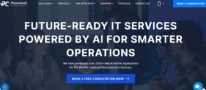 Protocloud Technologies website homepage featuring AI-powered IT services and web development portfolio