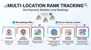 Rank Tracking for Local and Multi-Location.jpeg: An educational local SEO infographic titled "MULTI-LOCATION RANK TRACKING: One Keyword, Multiple Local Rankings