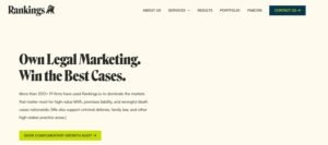 Elegant, high-contrast cream-and-black hero section for specialized legal marketing agency Rankings.io featuring serif headline typography: "Own Legal Marketing. Win the Best Cases.". Subtext notes proven results for over 300 personal injury firms targeting high-value cases nationwide, anchored by a lime-green "BOOK COMPLIMENTARY GROWTH AUDIT" button.