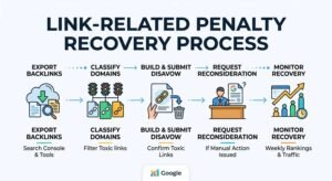Infographic illustrating the 5-step link penalty recovery process: export backlinks, classify domains, submit disavow, request reconsideration, and monitor recovery.