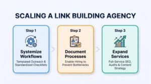 Three-step sequential workflow card graphic outlining systematic workflows (templated outreach and standardized checklists), process documentation (enabling hiring to prevent bottlenecks), and service expansion (full-service SEO, audits, and content strategy).