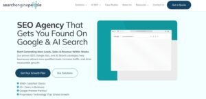 Website hero banner for Search Engine People featuring the headline "SEO Agency That Gets You Found On Google & AI Search". Subtext highlights generating leads, sales, and revenue via SEO, Google Ads, and AI search strategies, supported by "Get Your Growth Plan" and "Our Solutions" CTA buttons alongside trust metrics: 3000+ Satisfied Clients, 25+ Years in Business, Google Premier Partner, and Proprietary Technology. The right side displays a browser mockup showing a Google search query bar framed by a teal block background.