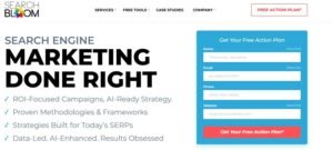Split-layout website hero for Searchbloom featuring the headline "SEARCH ENGINE MARKETING DONE RIGHT" on the left, supported by four bullet points detailing ROI-focused campaigns, proven methodologies, SERP optimization, and AI-led execution. The right panel houses a prominent blue lead capture card titled "Get Your Free Action Plan" with fields for Name, Email, Phone, and Website.