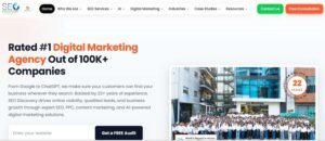 SEO Discovery homepage banner showcasing the headline "Rated #1 Digital Marketing Agency" alongside a photo of their large in-house team.