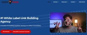 SerpNinja homepage hero displaying the headline "#1 White Label Link Building Agency" alongside a video preview of a presenter against a blue background.