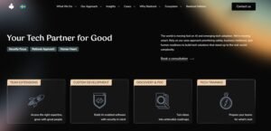 Dark-mode website hero section for tech agency Beetroot featuring the Swedish flag, the headline "Your Tech Partner for Good", and core pillars "Security Focus", "Rational Approach", and "Human Heart". Four lower service cards detail: Team Extensions (access expertise, grow with great people), Custom Development (build AI-enabled software with security in mind), Discovery & POC (turn ideas into actionable roadmaps), and Tech Training (prepare teams for what's next).