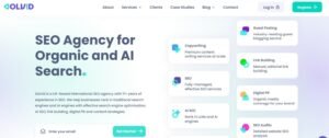 Solvid homepage banner showing the headline "SEO Agency for Organic and AI Search" surrounded by cards highlighting service offerings like Guest Posting, Link Building, and AI SEO.