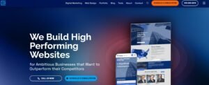 Clean, deep navy-to-blue gradient website hero for agency TheeDigital with the headline "We Build High Performing Websites for Ambitious Businesses that Want to Outperform their Competitors". CTA buttons include "CALL US NOW" and "SCHEDULE A CONSULTATION", positioned beside mockups of responsive legal practice website designs on mobile and tablet viewports.