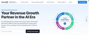 A clean hero section set on a light grid background featuring the headline "Your Revenue Growth Partner in the AI Era" and copy highlighting revenue impact through execution, data, and strategy. On the left is an interactive website audit input bar with a "Get My Free Proposal" CTA button. The right side showcases a circular graphic of the "WebFX Revenue Engine" highlighting "15% Higher Lead Growth" across four interconnected phases: Acquisition, Pipeline, Revenue, and AI Intelligence.