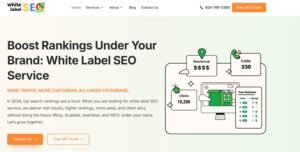 White Label SEO Service" featuring the headline "Boost Rankings Under Your Brand: White Label SEO Service" alongside calls-to-action for "Contact Us" and "Free SEO Audit". The right-hand graphic displays an agency reporting dashboard interface showcasing client performance metrics—10,200 Clicks, Revenue ($$$$), 330 Calls, and a top-ranking keyword position table under "Your Business