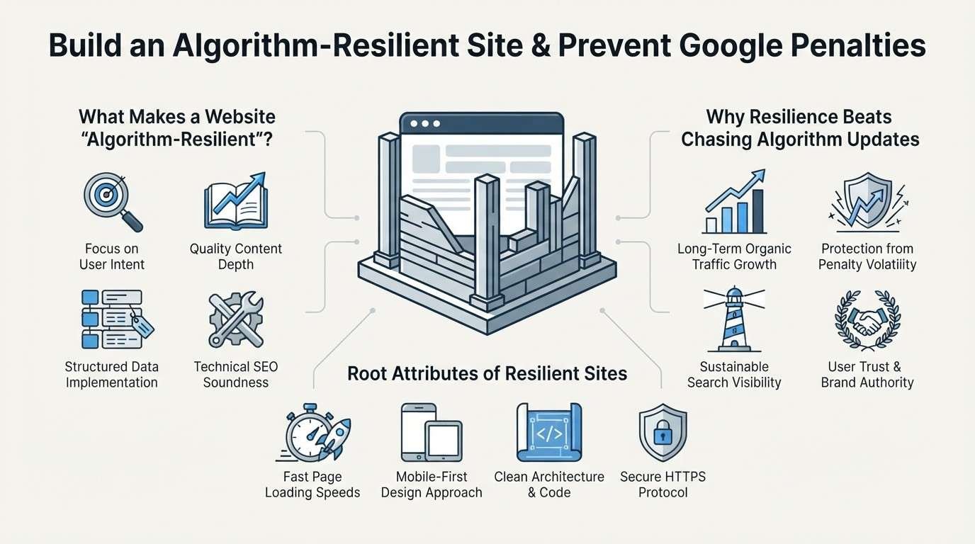 Infographic titled 'Build an Algorithm-Resilient Site & Prevent Google Penalties' illustrating what makes a website algorithm-resilient on the left-covering focus on user intent, quality content depth, structured data implementation, and technical SEO soundness-why resilience beats chasing algorithm updates on the right-covering long-term organic traffic growth, protection from penalty volatility, sustainable search visibility, and user trust and brand authority-and root attributes of resilient sites at the bottom-covering fast page loading speeds, mobile-first design approaches, clean architecture and code, and secure HTTPS protocols, surrounding a central temple pillar structural graphic.