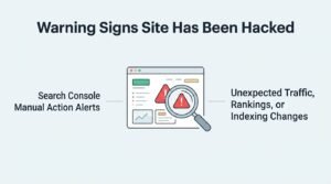 Infographic titled 'Warning Signs Site Has Been Hacked' illustrating Search Console manual action alerts on the left and unexpected traffic, rankings, or indexing changes on the right, surrounding a central web browser window with warning triangles and a magnifying glass.