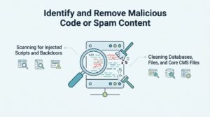 Infographic titled 'Identify and Remove Malicious Code or Spam Content' illustrating scanning for injected scripts and backdoors on the left and cleaning databases, files, and core CMS files on the right, surrounding a central code window inspected with a magnifying glass and cleaned with brooms.