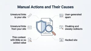 Infographic titled 'Manual Actions and Their Causes' illustrating unnatural links to your site, unnatural links from your site, thin content with little or no added value, user-generated spam, cloaking and sneaky redirects, and hacked sites surrounding a central shield and document icon.