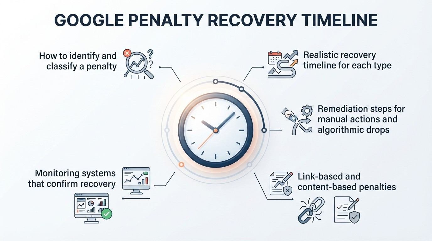 Infographic titled 'GOOGLE PENALTY RECOVERY TIMELINE' illustrating how to identify and classify a penalty on the top left, realistic recovery timelines for each type on the top right, remediation steps for manual actions and algorithmic drops on the middle right, link-based and content-based penalties on the bottom right, and monitoring systems that confirm recovery on the bottom left, surrounding a central clock icon.