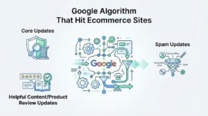 Infographic titled "Google Algorithm That Hit Ecommerce Sites" breaking down core updates, helpful content and product review updates, and spam updates targeting fake profiles, suspicious links, and junk.