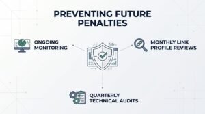 Infographic on preventing future search engine penalties, highlighting ongoing monitoring, monthly link profile reviews, and quarterly technical audits.