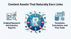 Infographic on content assets that naturally earn links, highlighting original research and industry reports, and templates, calculators, and free tools.