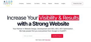 Digital marketing agency website hero for eSEOspace featuring the bold headline "Increase Your Visibility & Results with a Strong Website". Subtext positions the firm as a partner in website design, development, SEO, GEO, and AEO optimization to help clients get found across Google and AI search tools like ChatGPT, complete with a website URL submission bar and "Send Me A Proposal" CTA.