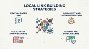 Local link building strategies infographic detailing citation-based links, community and sponsorship links, local media and press links, and partner and supplier links with icons.