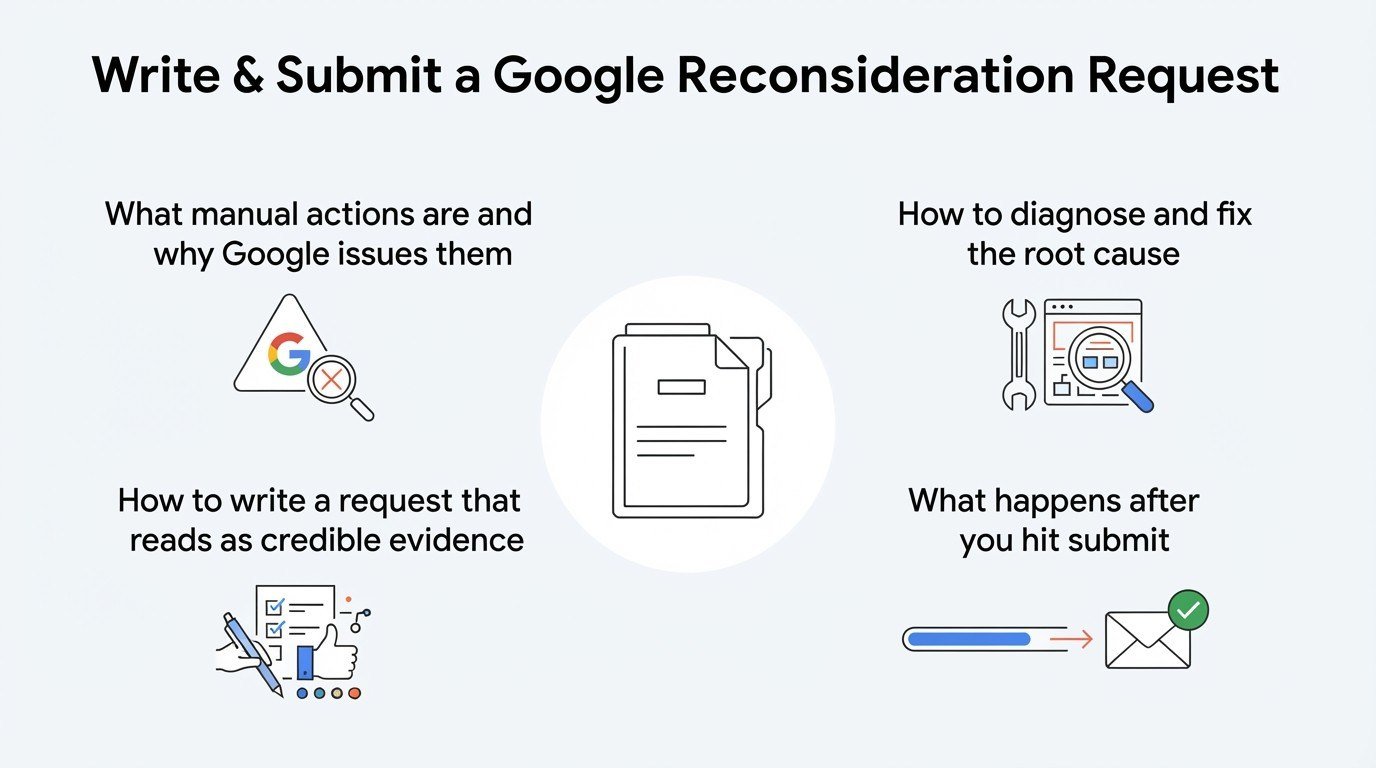 Infographic titled 'Write & Submit a Google Reconsideration Request' illustrating what manual actions are and why Google issues them on the top left, how to write a request that reads as credible evidence on the bottom left, how to diagnose and fix the root cause on the top right, and what happens after you hit submit on the bottom right, surrounding a central document file icon.