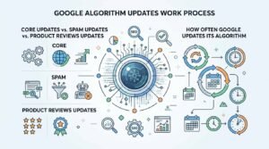 Infographic titled 'Google Algorithm Updates Work Process' illustrating core updates, spam updates, and product reviews updates on the left, and how often Google updates its algorithm on the right, surrounding a central digital circuitry and SEO hub graphic.