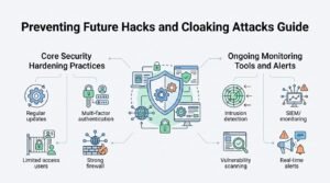 Infographic titled 'Preventing Future Hacks and Cloaking Attacks Guide' illustrating core security hardening practices on the left-covering regular updates, multi-factor authentication, limited access users, and strong firewalls-and ongoing monitoring tools and alerts on the right-covering intrusion detection, vulnerability scanning, SIEM monitoring, and real-time alerts-surrounding a central security shield icon.