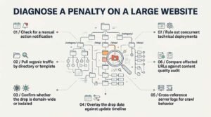 Infographic outlining a step-by-step checklist to diagnose an SEO penalty on a large website, including checking manual actions, organic traffic by directory, and server logs.