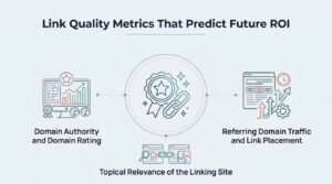 Digital marketing infographic titled "Link Quality Metrics That Predict Future ROI" detailing domain authority, domain rating, referring domain traffic, link placement, and topical relevance.