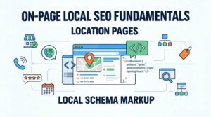 Infographic titled "On-Page Local SEO Fundamentals: Location Pages & Local Schema Markup" illustrating key elements such as NAP data, embedded maps, phone numbers, customer reviews, operating hours, and structured data code snippets.