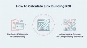 Digital marketing infographic titled "How to Calculate Link Building ROI" breaking down the basic return formula and adjusting for compounding SEO value.