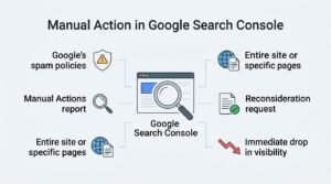 Infographic titled 'Manual Action in Google Search Console' illustrating Google's spam policies, the Manual Actions report, impact on the entire site or specific pages, reconsideration requests, and immediate drops in visibility surrounding a central Google Search Console window.