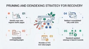 Infographic outlining a pruning and deindexing strategy for SEO recovery, featuring a 5-step workflow to identify low-traffic pages, consolidate overlapping content, apply noindex or 410 tags, set up 301 redirects, and resubmit updated sitemaps in Search Console.
