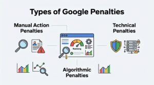Infographic titled 'Types of Google Penalties' illustrating Manual Action Penalties on the left, Technical Penalties on the right, and Algorithmic Penalties at the bottom, surrounding a central web browser window with ranking metrics and a magnifying glass.