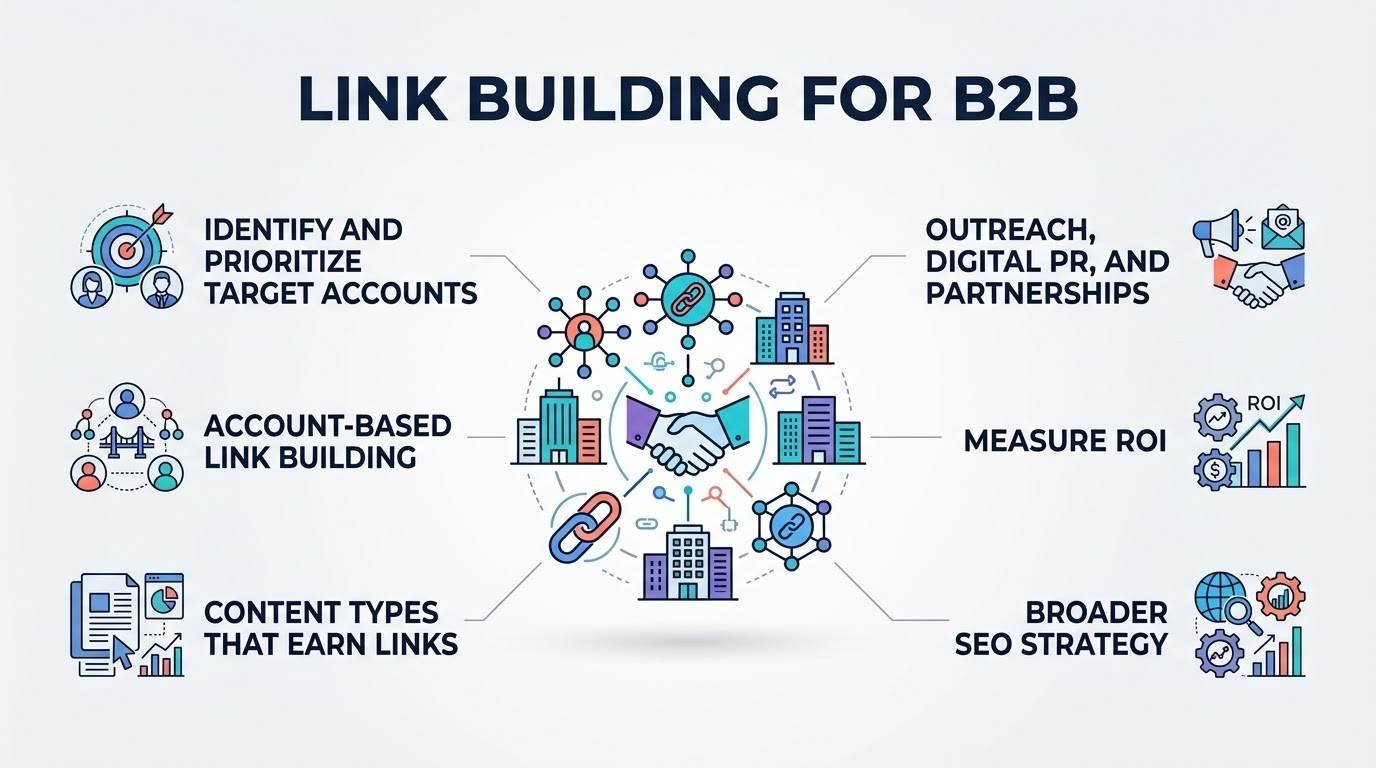 B2B link building infographic outlining key digital marketing steps including target account identification, account-based link building, content creation, digital PR outreach, ROI measurement, and broader SEO strategy integration.