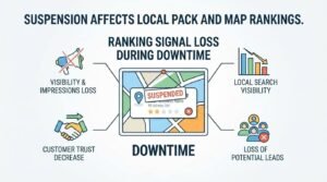 Infographic titled "Suspension Affects Local Pack and Map Rankings" highlighting ranking signal loss during downtime, including visibility and impressions loss, local search visibility decline, customer trust decrease, and loss of potential leads.