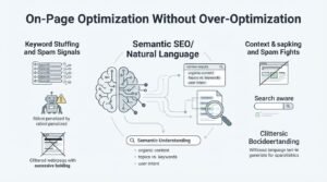 Infographic titled "On-Page Optimization Without Over-Optimization" illustrating keyword stuffing and spam signals, semantic SEO and natural language processing, context and spam fights, semantic understanding, organic content, topics versus keywords, and user intent.