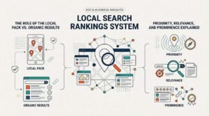 Local search rankings system infographic explaining the role of the local pack versus organic results, alongside proximity, relevance, and prominence factors with icons.