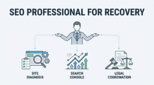 Infographic titled 'SEO Professional for Recovery' illustrating site diagnosis on the left, Search Console data in the middle, and legal coordination on the right, beneath a central professional figure.